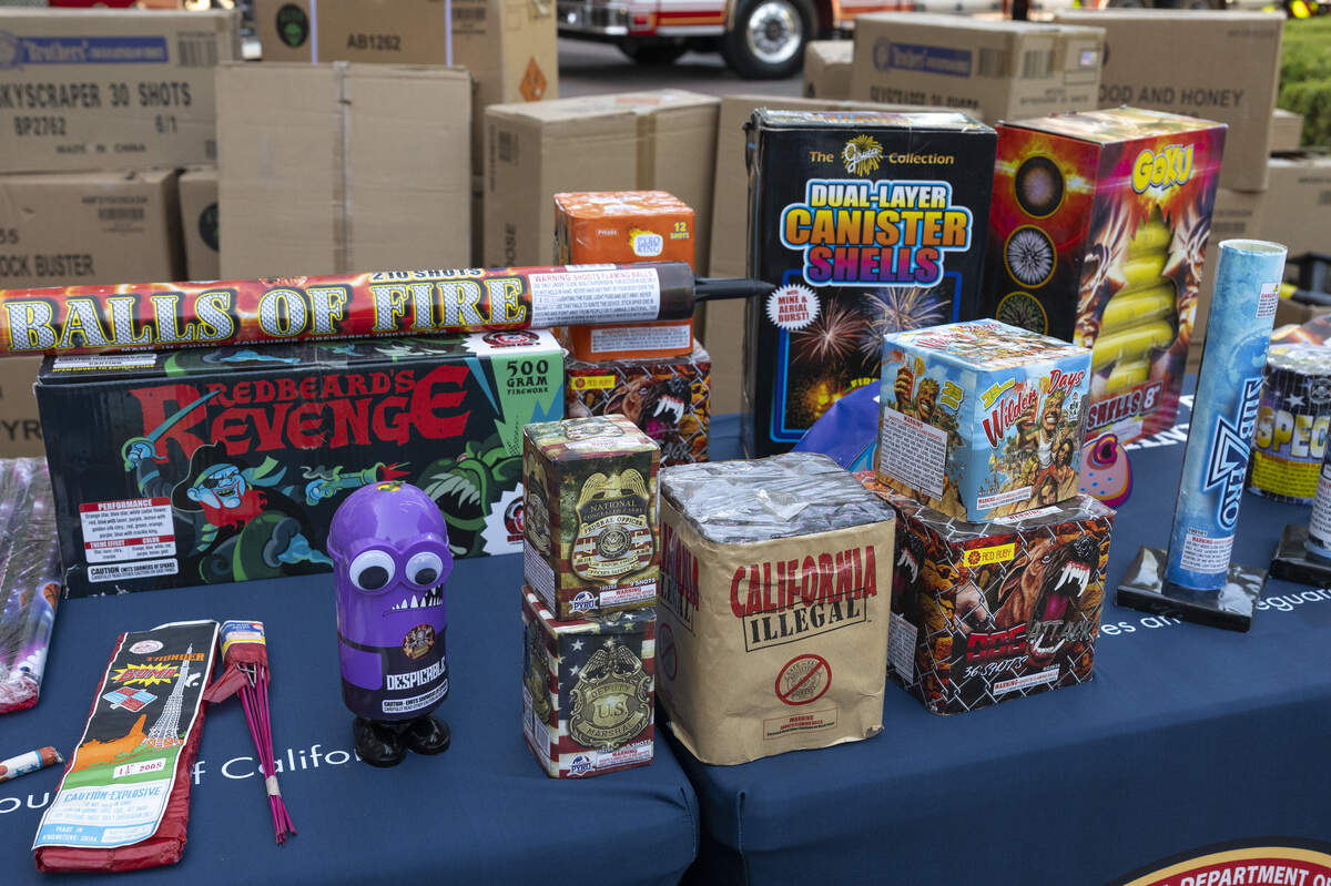 Examples of illegal fireworks are displayed during a Cal Fire press conference about fireworks safety at Shriners Children’s Northern California hospital in Sacramento on Thursday, June 25, 2026.